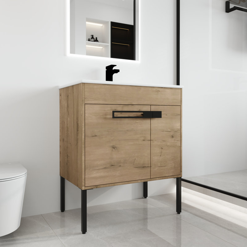 Meuble-lavabo autoportant 30 po avec lavabo sur pied Keyvan, 2 portes et 1 tablette Keyvan, 30", Marron clair