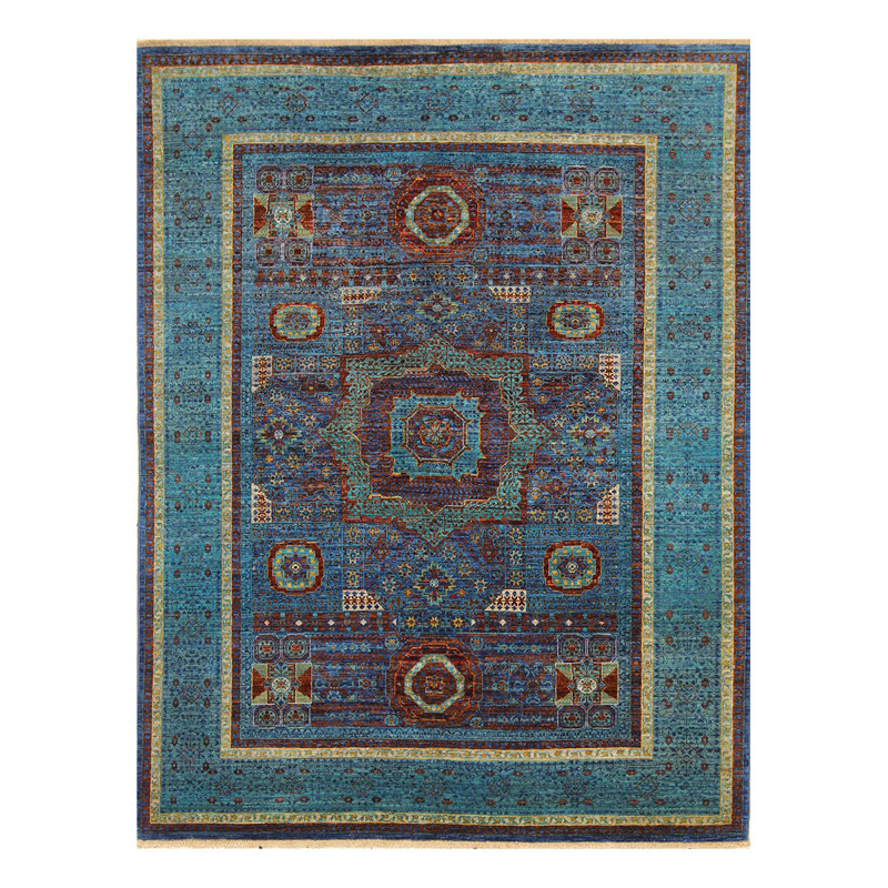 Tapis bleu / bleu clair / brun noué à la main de haute qualité