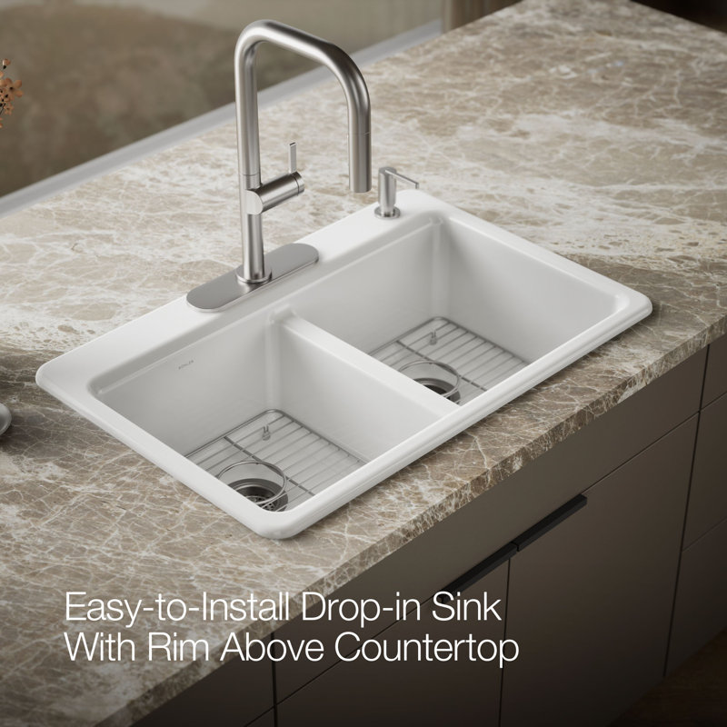 Riverby 33 In. Top-Mount Double-Bowl Kitchen Sink, White, 1 hole, Large/medium bowls
