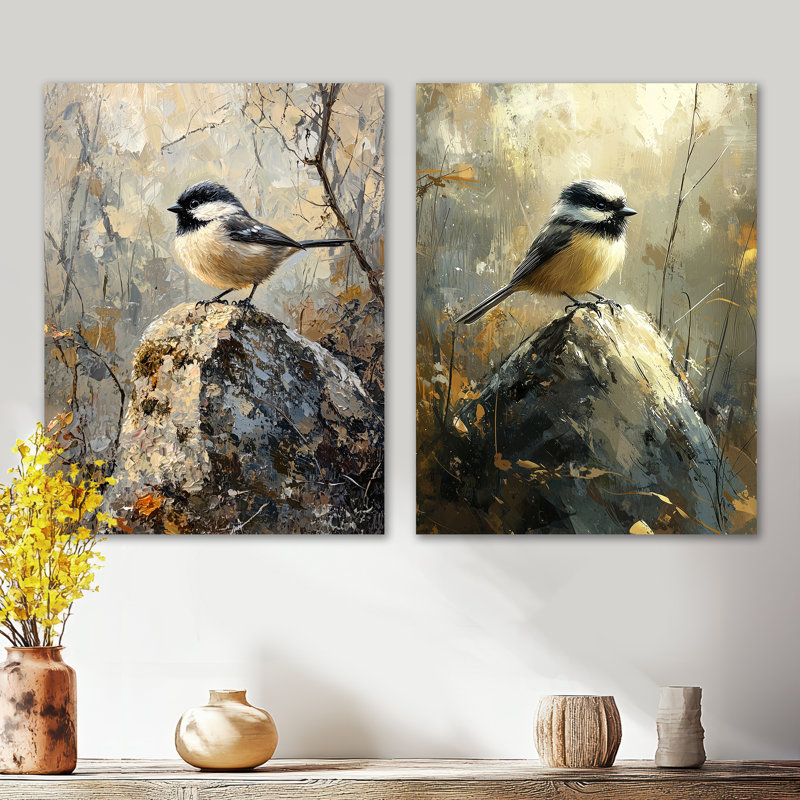 Chickadee Bird on a Pine Cone III - Black Birds, impression murale 2 pièces, H 32 po x l 48 po