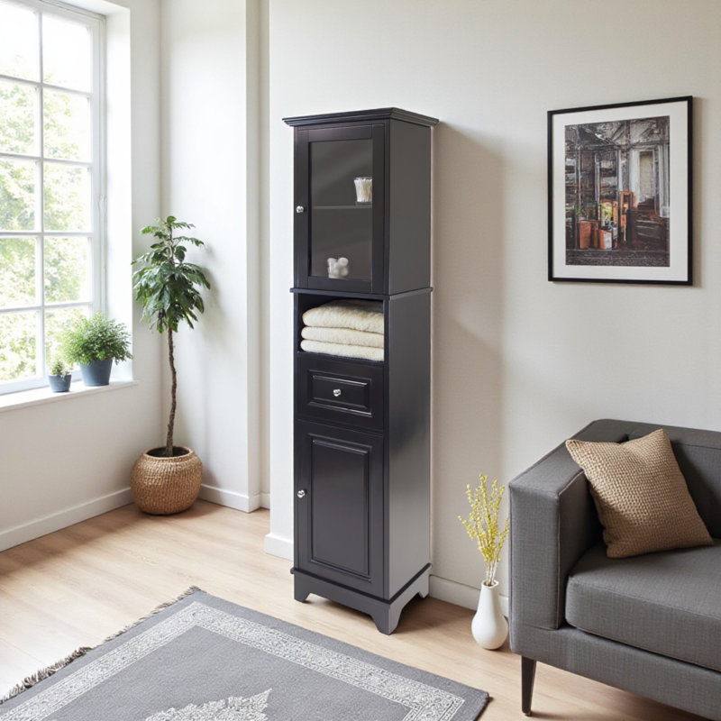 Everest Tall Storage Cabinet in Black Finished Wood, 70.66'' H X 17.83'' W X 12.76'' D
