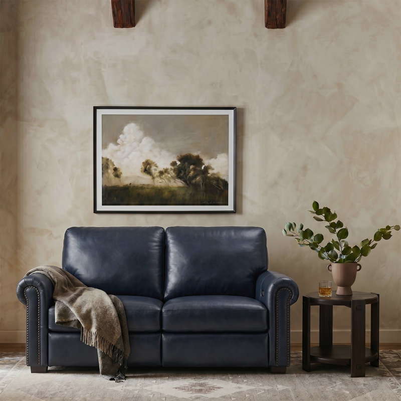 Igon 62.8" Traditional Down-Filled Genuine Leather Power Reclining Loveseat Sofa, Navy