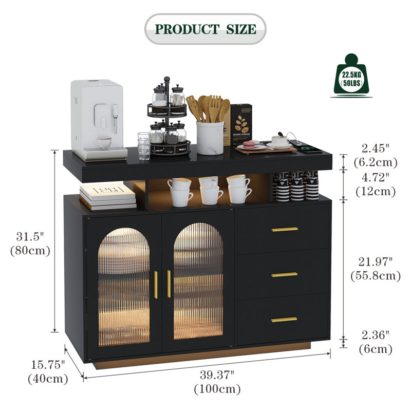Katracy 39.37'' Sideboard With LED Light, Black