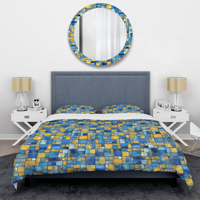 Carreaux de mosaïque bleu jaune II - ensemble de housse de couette moderne, Housse de couette simple + 2 taies décoratives st
