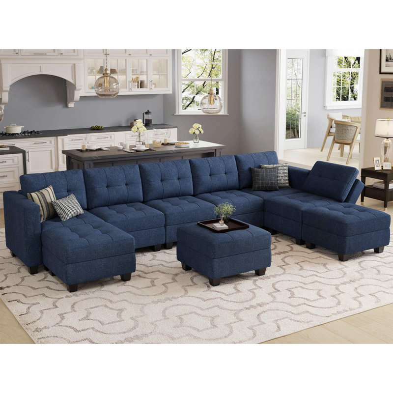 Ashbury Ivery 143'' U Shaped Couch Modern Modular Polyester Blend Sectional Sofa with Cushion, Blue Polyester Blend