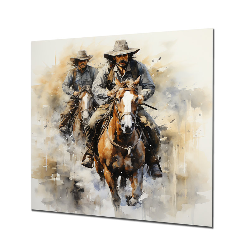 Blanc et brun Bronco Cowboys II - Cowboys, art mural en métal, H 16 po x l 16 po