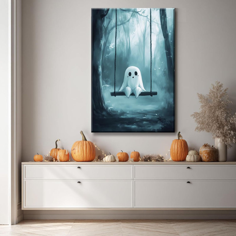 Reproduction d'art d'Halloween sur toile, impression de fantôme drôle dans la forêt, décoration murale gothique foncé pour salon, chambre à coucher
