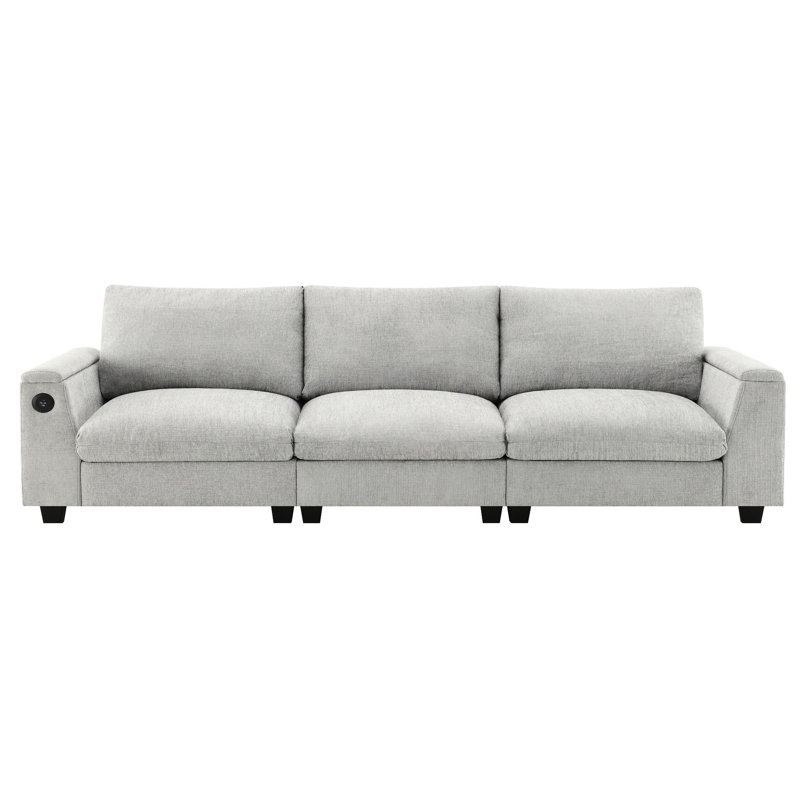 Élégant canapé en chenille avec porte-gobelets, rangement pour accoudoirs et table modulaire 96 po