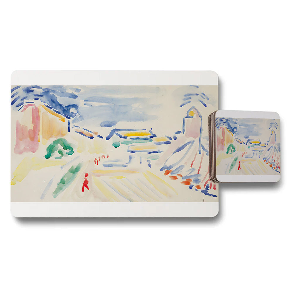 Watercolor Cityscape Placemats And Coaster Set For Table Decor