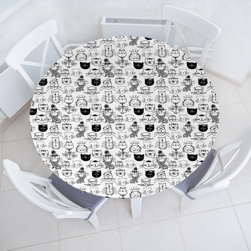 Ebern Designs Pet Fitted Round Tablecloth Diameter White and Black, 67.72" Round