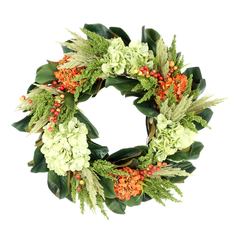 28" Hydrangea, Heather And Berry Fall Wreath With Magnolia Leaves