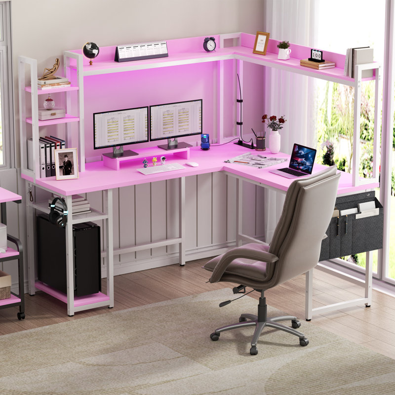 Bianco L-Shaped Desk with Hutch & Power Outlet, Gaming Desk Corner Computer Desk with Led Lights, Black
