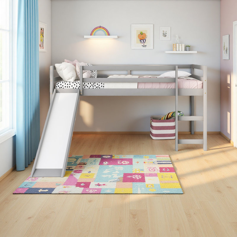 Lit mezzanine avec glissade, conception multifonctionnelle, lit simple, Gris