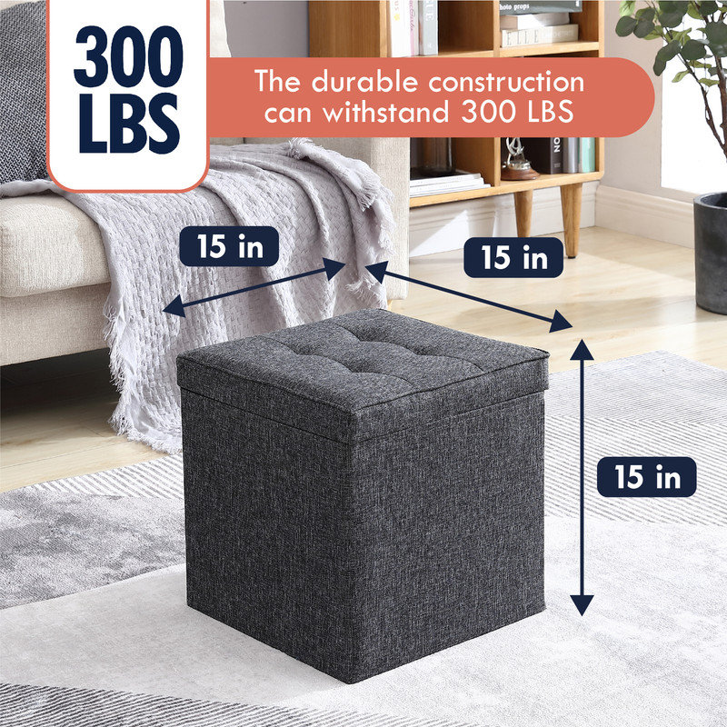 Hilsa Upholstered Ottoman, Black Linen Blend