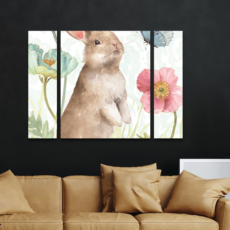 Ensemble de 3 panneaux d'art mural - Lisa Audit «Spring Softies Bunnies II», art mural sur toile pour le salon, la chambre à coucher ou le bureau 