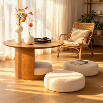 Table basse ronde en bois avec 3 tabourets gigognes en tissu, ensemble de table centrale multifonctionnel avec rangement caché pour le salon