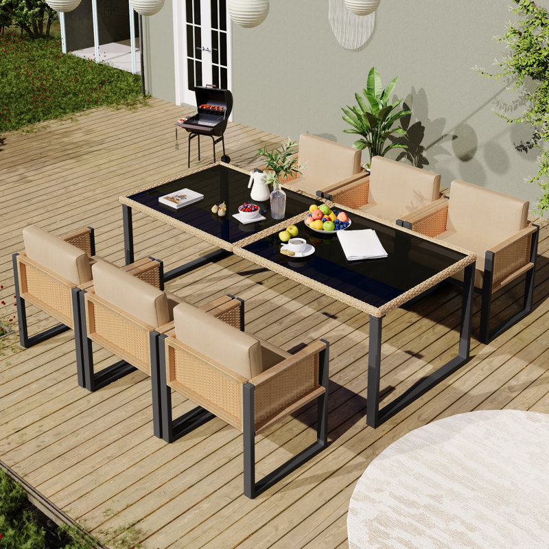 6 - Person Patio Dining Set Rectangular Table, Brown, Black