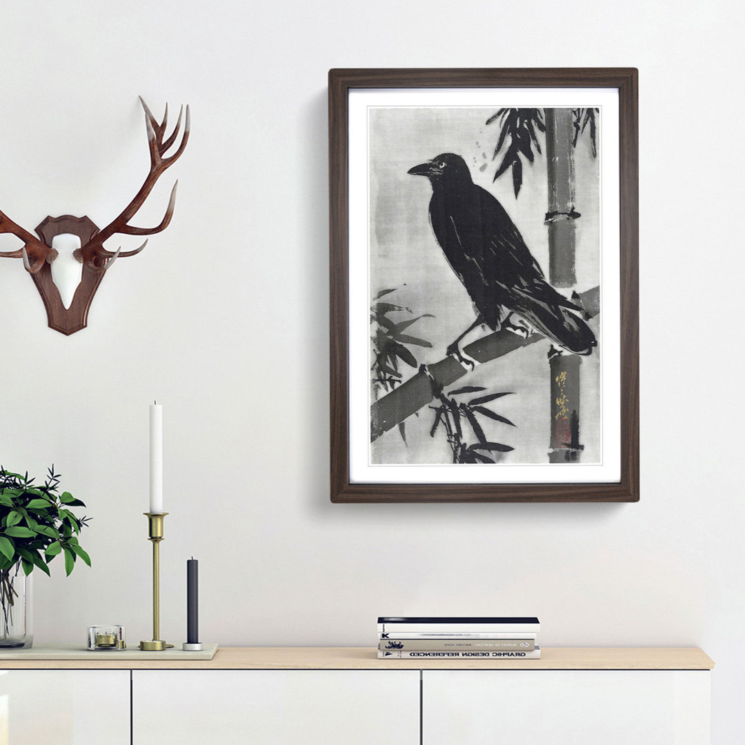 Crow on a Bamboo Branch by Kawanabe Kyosai - Framed Print