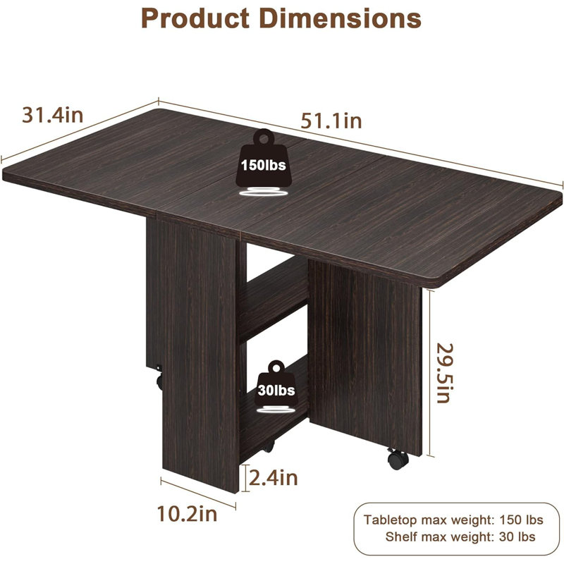 Folding Dining Table, Drop Leaf Dining Table With 6 Wheels And 2-Layer Storage Shelf, Tan