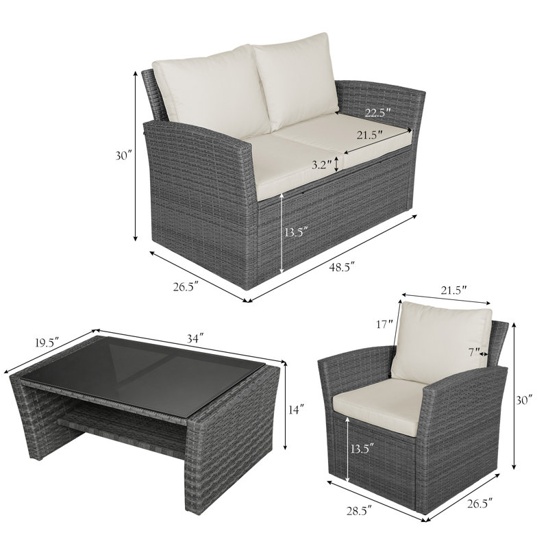 Ensemble de conversation avec canapé et coussins en rotin 4 pièces, Kaki