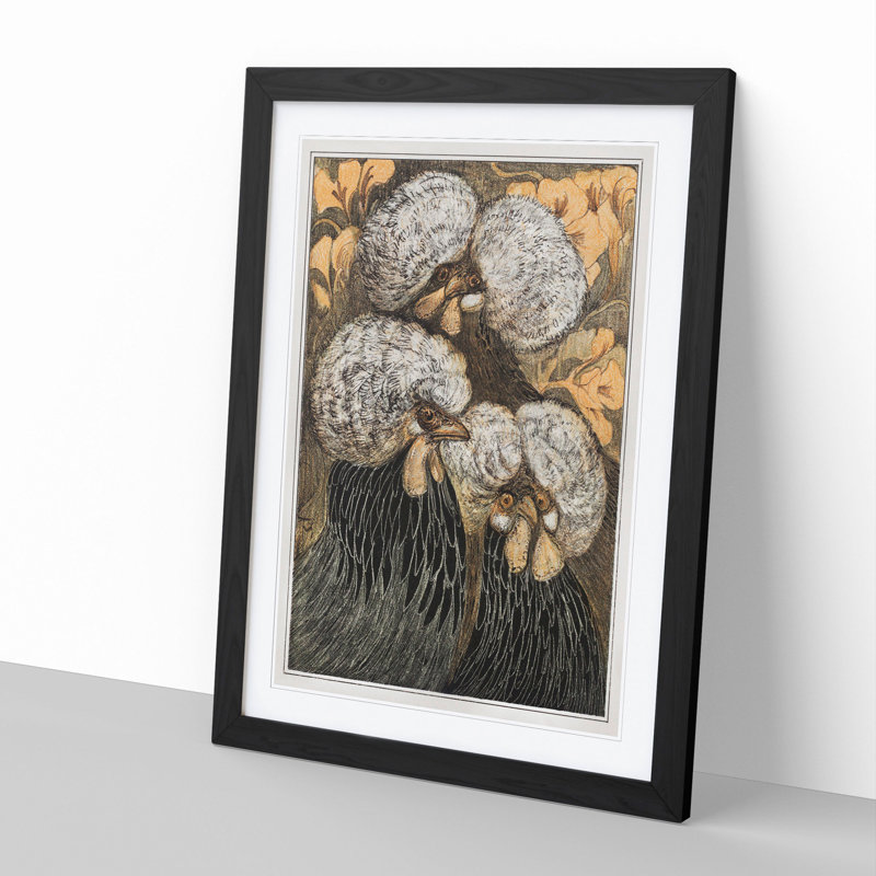 Three Crested Chickens by Theo Van Hoytema - Picture Frame Painting, Black, 48cm H x 36cm W x 2cm D