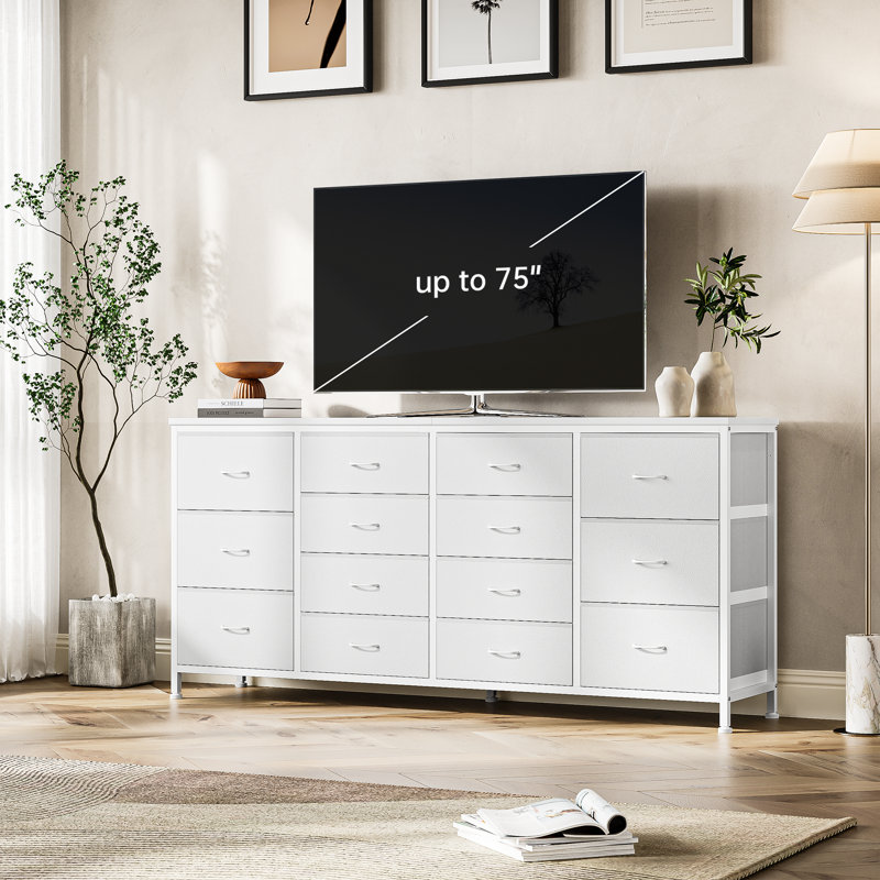 Meuble télé moderne avec commode de 63 po avec 14 tiroirs et prises de courant Modern, Blanc