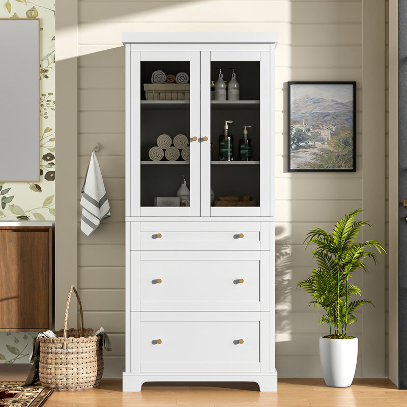 70.1" Freestanding Tall Bathroom Cabinet With Glass Doors, Soft-Close Storage, Adjustable Shelves, And Gold Handles, White