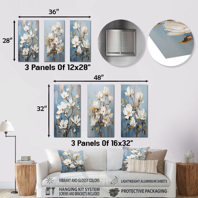 Ensemble de 3 élégantes sérigraphies magnolias blanches et bleues - magnolias, H 32 po x l 48 po, Floral II
