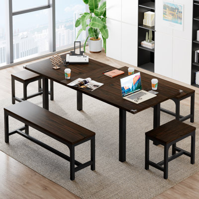 5-Piece Dining Table Set for 4-8 People, Extendable Kitchen Table Set with 2 Benches and 2 Square Stools, Mid-Century Dining Room Table , Saving Space by Ebern Designs