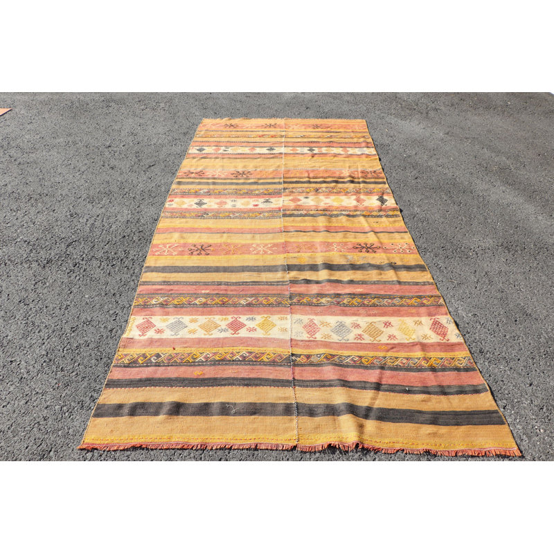 Grand tapis kilim turc fait à la main avec un motif rayé en laine biologique, idéal pour la décoration intérieure