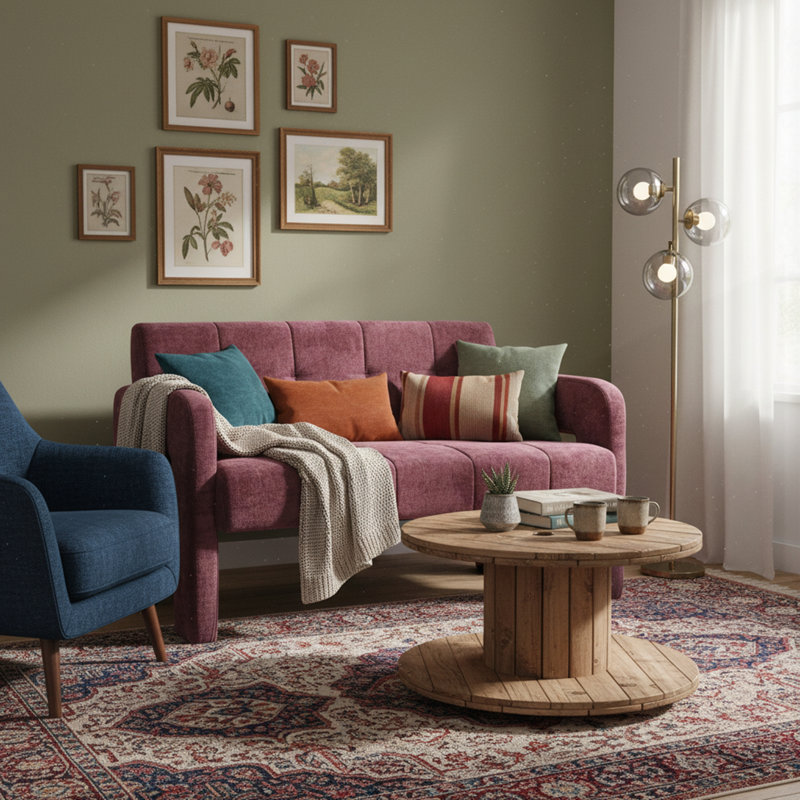 Modern Double Compact Upholstered Sofa, Wine Red