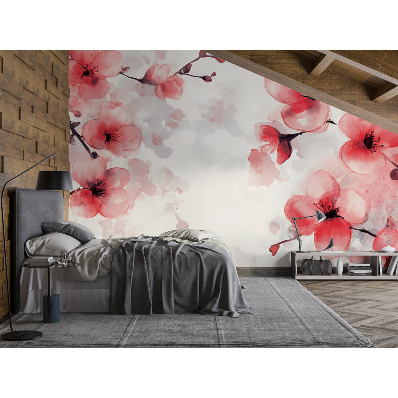 Papier peint fleurs rouges - Branches de cerisier en fleurs - Décoration murale florale élégante pour le salon ou la chambre à coucher