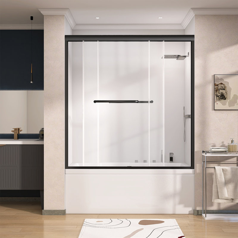 56'' - 60'' W X 62'' H Double Sliding Tub Door Modern Framed Aluminum Bypass Shower Screen with 5/16'' Tempered Glass in Matte Black
