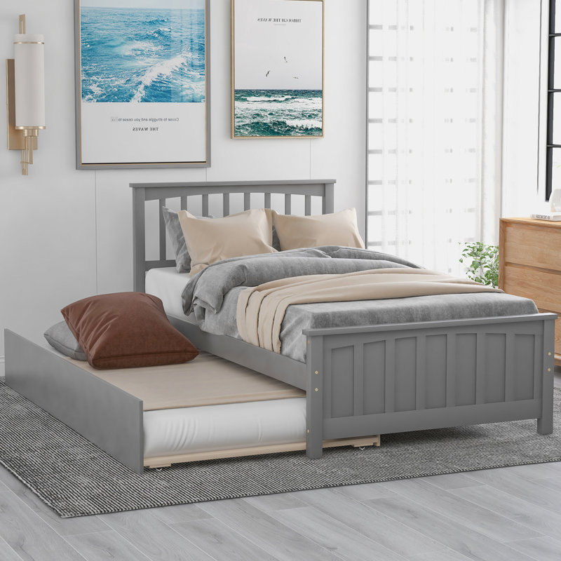 Lit plateforme simple avec lit gigogne gris et bois massif pour une chambre à coucher confortable et confortable, Gris