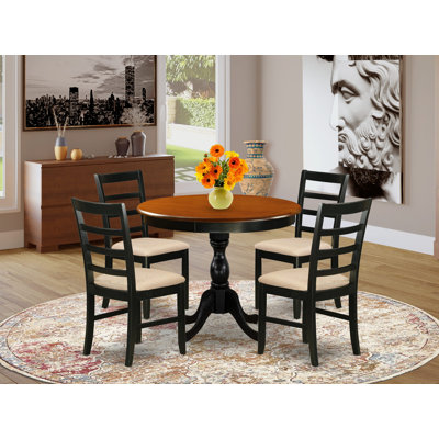 L'ensemble de table 5 pièces se compose d'une table de cuisine en bois et de 4 chaises de salle à manger en tissu de lin de style Mid-Century avec dossier échelle - Finition noire