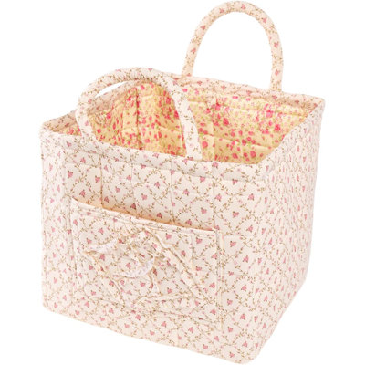 Panier de rangement en tissu fleuri bohème matelassé, bac de rangement pliable avec poche latérale et poignées renforcées