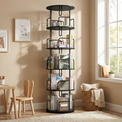 Bibliothèque à 5 niveaux pivotant sur 360 degrés, bibliothèque rotative étroite et pivotante, organisateur de bibliothèque de rangement vertical et rond pour le salon de la chambre à coucher, noir