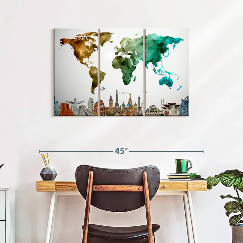 Carte du monde abstrait sur toile, ensemble de 3 pièces, H 38 po x l 24 po x P 1,25 po