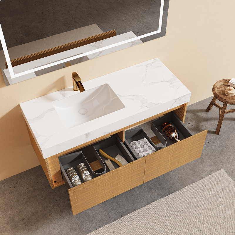 Meuble-lavabo flottant avec comptoir en pierre frittée, lavabo en céramique et capteur DEL