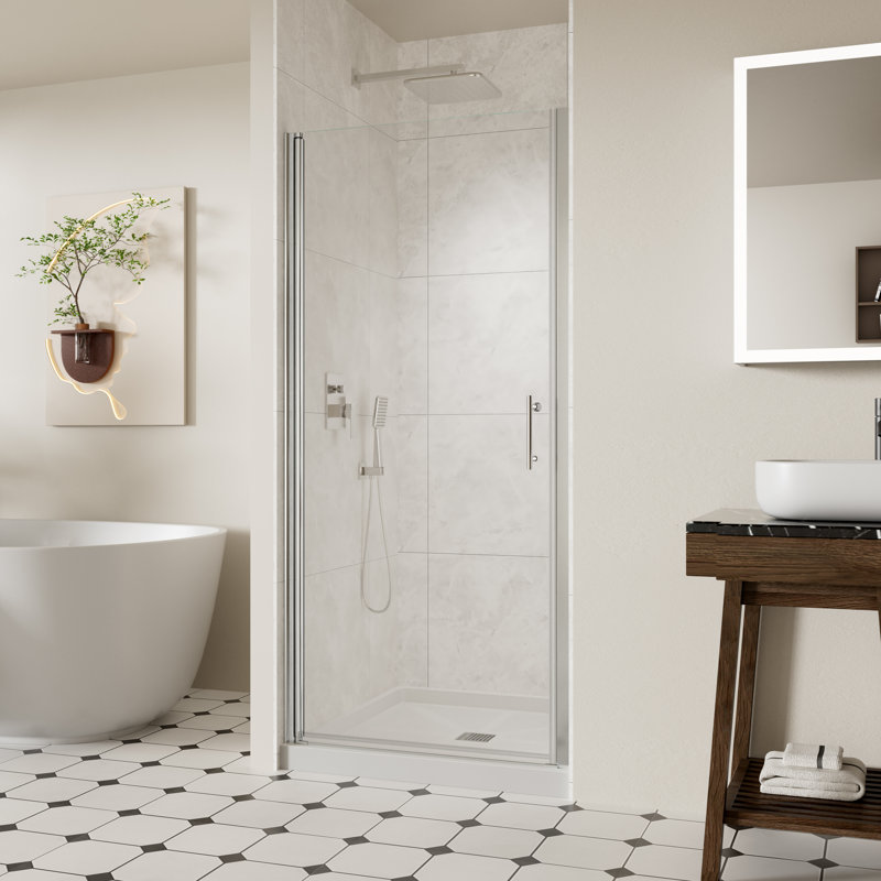 32-33.4" W x 72" H Frameless Shower Door, Pivot Shower Glass Doors with 1/4" (6mm) Clear SGCC Tempered Glass, Chrome Swing Shower door out of Plumb Adjustability