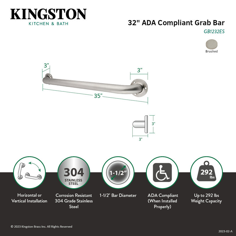 Kingston Brass Made To Match 1-1/2 Inch O.D Grab Bar, 32" W