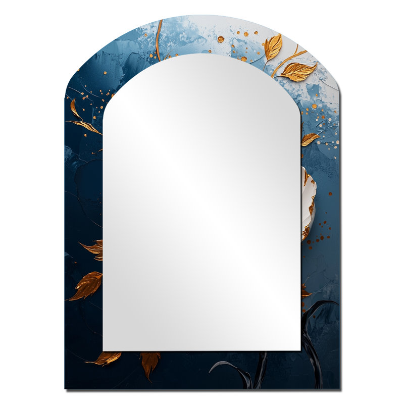 Gold And Teal Peony Bloom II - Peony Asymmetrical Decorative Wall Mirror, Gold Arch Large Mirror, Printed Metal Art