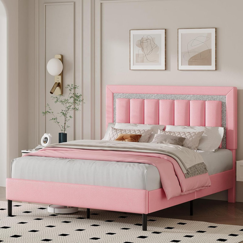 Faux Leather Upholstered Bed with Diamond Vertical Stripe Design, Queen, Pink
