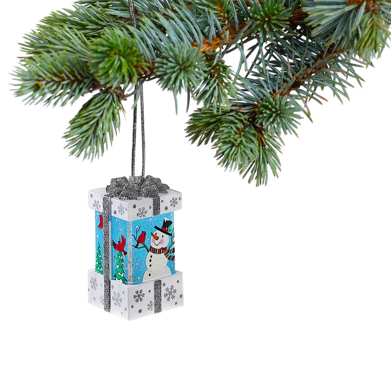 Multicolored LED Snowman Present Ornament with Glitter Bow