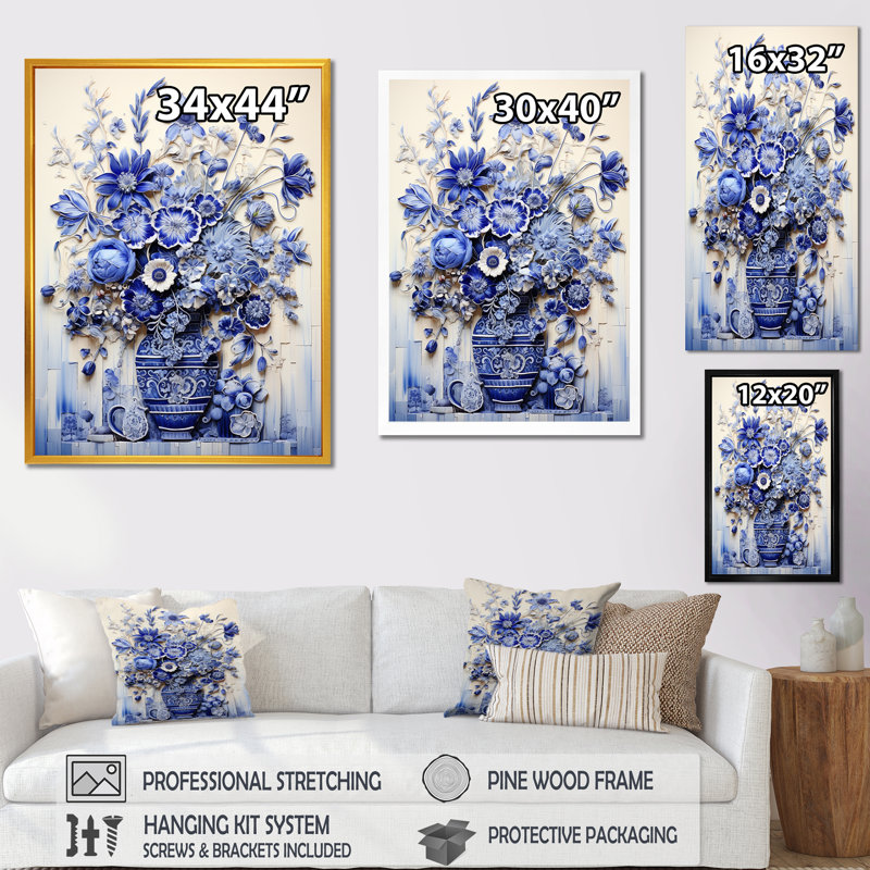 «Blue and White Boho plant Pottery II», impression sur toile Boho Pottery, Cadre doré simple, H 44 po x l 34 po x P 1,5 po