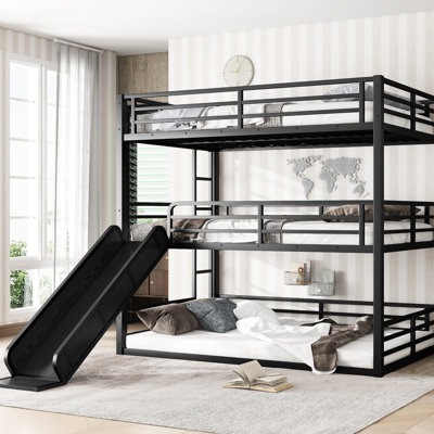Metal Triple Bunk Bed Full Over Full, Black Shade, Slide Feature, Heavy - Duty, Noise Reducing, Guardrails Bed, For Fun Packed Adventures, Reduced, Guests