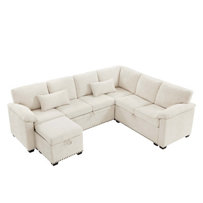97 Inch L-Shaped Corner Sectional Sofa Couch with Seat and Storage Ottoman,Chenille Fabric Corner Couch with 7 Seats & 2 Pillows for Living Room