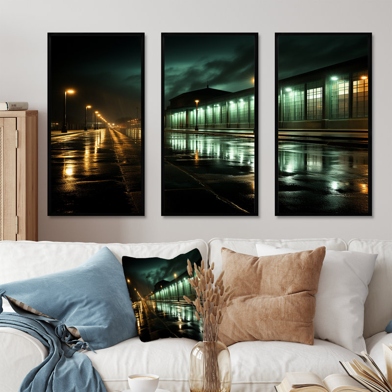 Turquoise, crépuscule, photographie industrielle I - usines, ensemble d'art mural sur toile, Cadre flottant noir