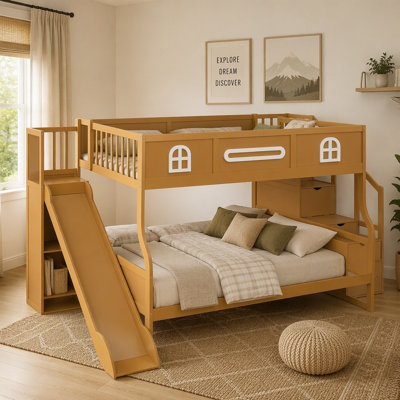 Full XL Over Queen Bunk Bed with Slide and Storage Stairs, Natural