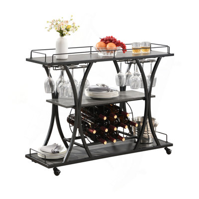 Industrial Bar Cart Kitchen Bar&Serving Cart For Home With Wheels 3 -Tier Storage Shelves by 17 Stories